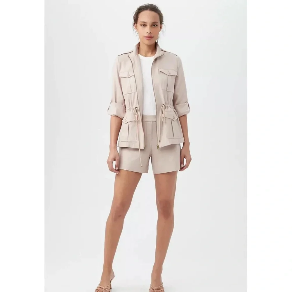 Trina Turk Full Zip Lightweight Bouyant Tunic Jacket Cinched Waist Beige Pink XS